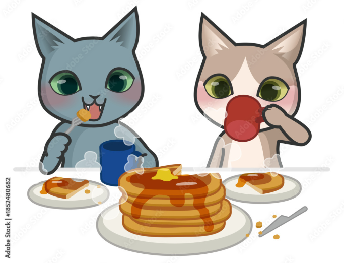 お茶を飲みながらパンケーキを食べる2匹の猫