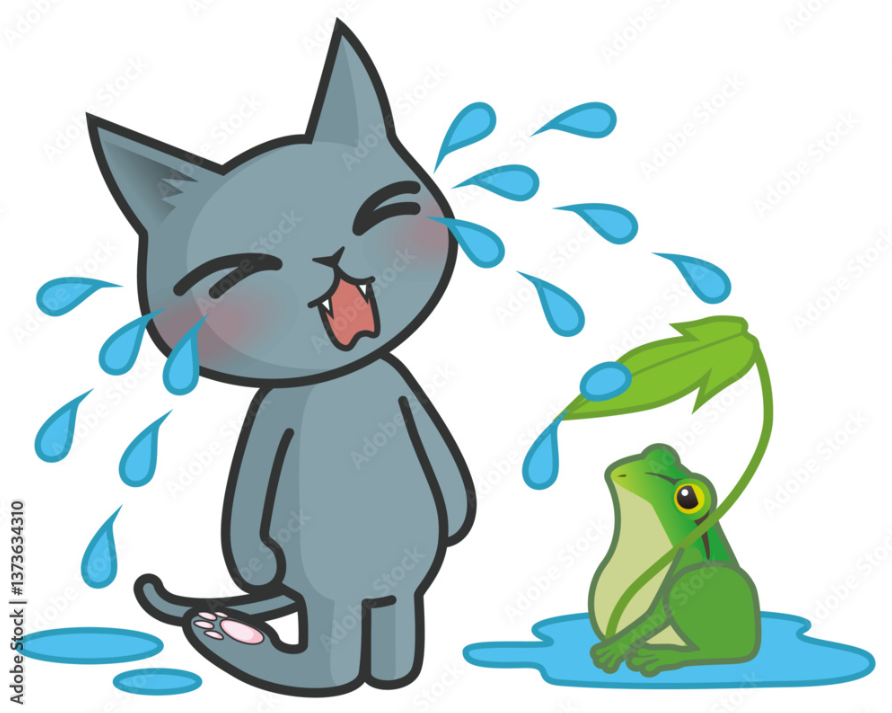 泣いている猫と困っているカエル