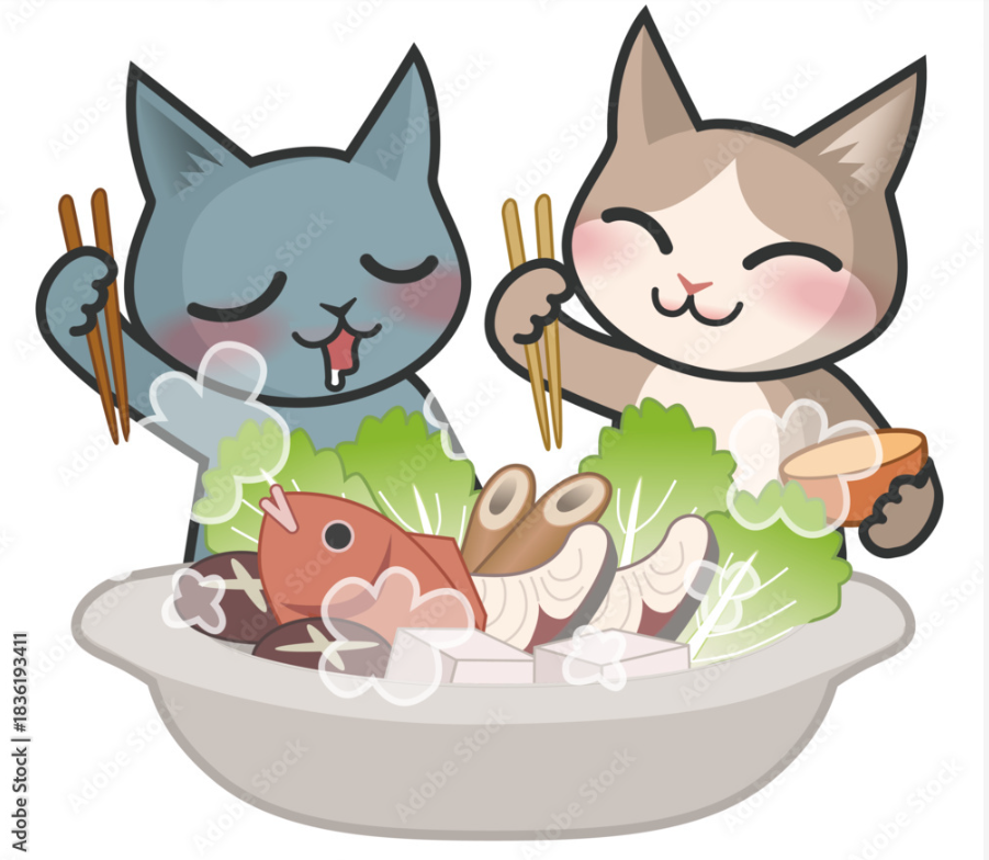 お鍋を食べている2匹の猫