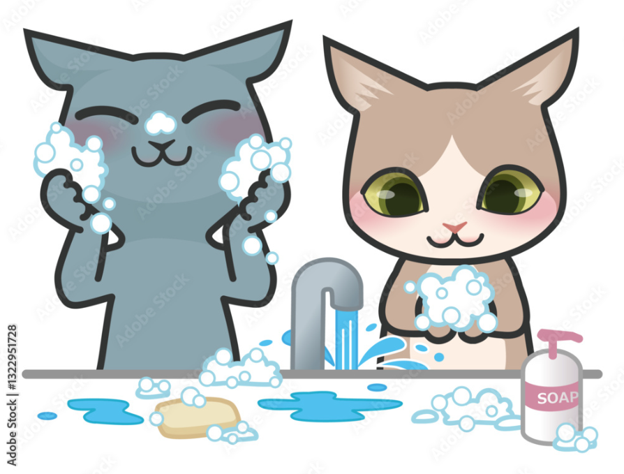 顔を洗っている猫と手を洗っている猫