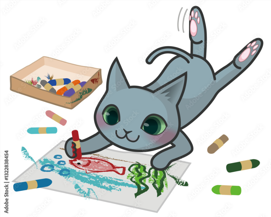 クレヨンで絵を描いている猫