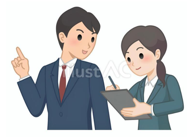 説明をしているスーツを着た男性とメモを取る女性のイラスト
