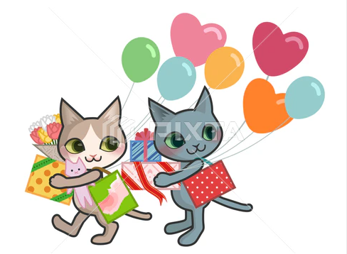 たくさんのプレゼントと風船を持った猫