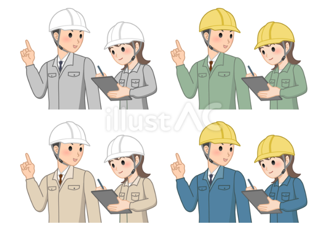 説明する男性作業員とメモを取る女性作業員