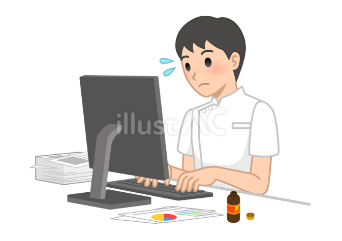 パソコンで大量の仕事をしている医療スタッフ男性のイラスト
