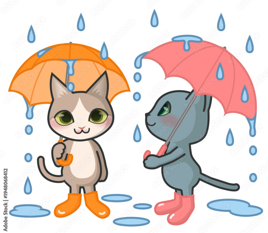 雨の中、傘をさす2匹の猫