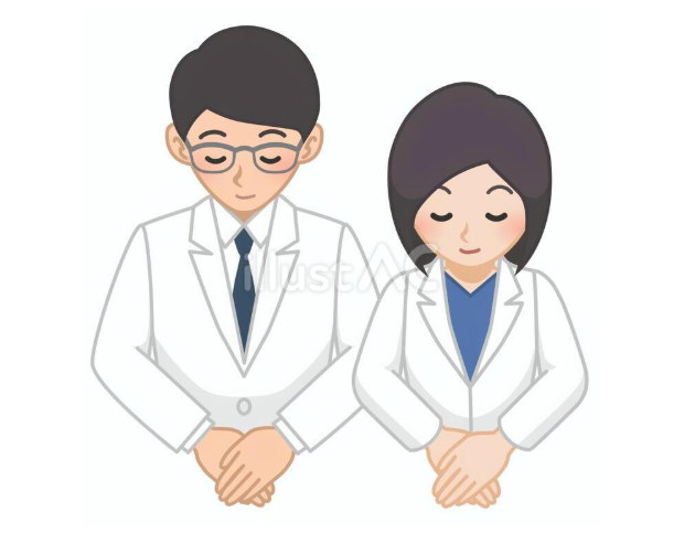 お辞儀をしている白衣を着た男性と女性