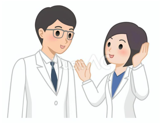 会話をしている白衣の男性と女性